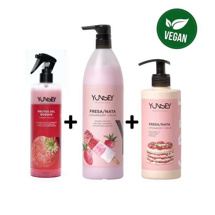 Trio pour cheveux secs shampoing + masque + spray démêlant Aromatique YUNSEY Parfum FRAISE et fruits des bois